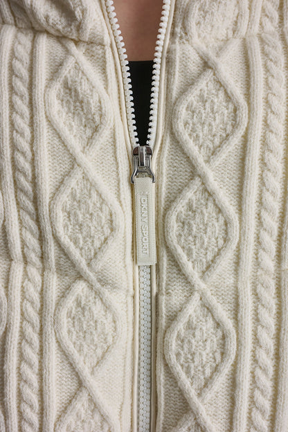 CABLE KNIT MOCK NECK PUFFER JACKET