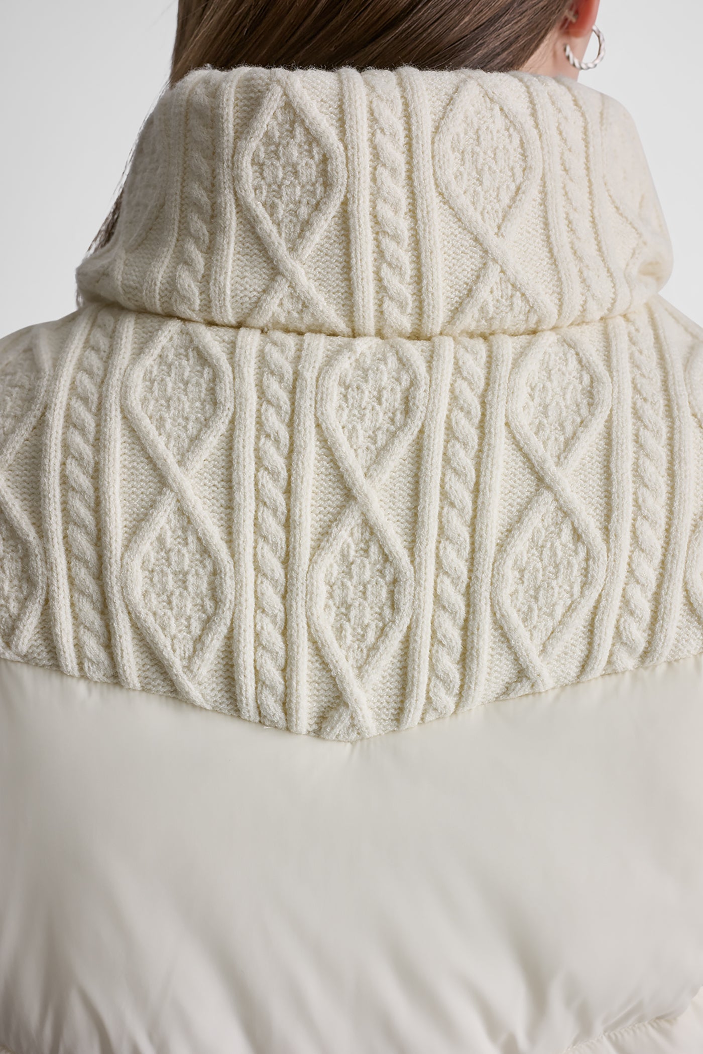 CABLE KNIT MOCK NECK PUFFER JACKET