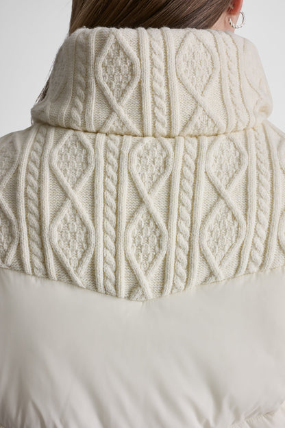 CABLE KNIT MOCK NECK PUFFER JACKET