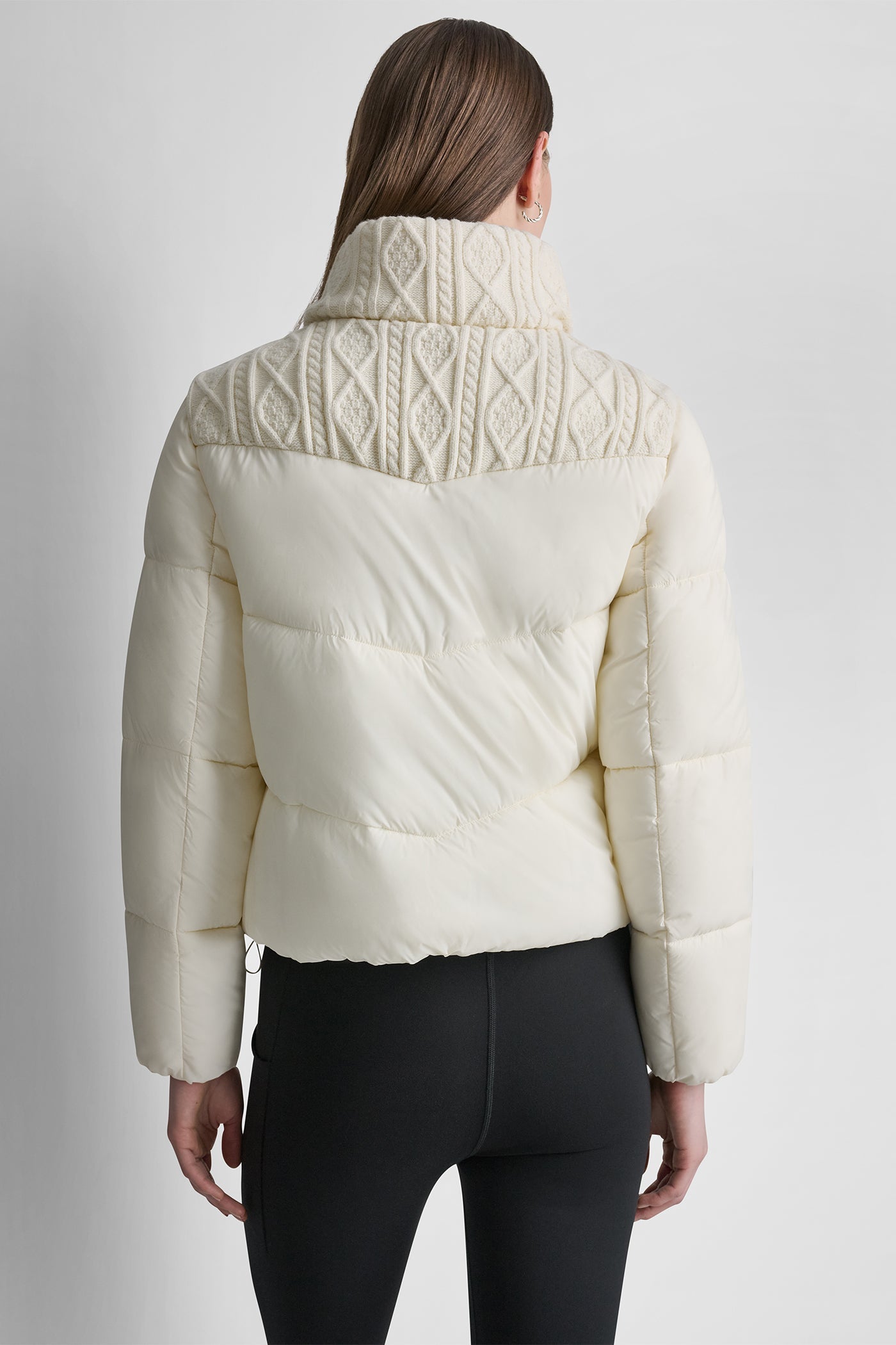 CABLE KNIT MOCK NECK PUFFER JACKET