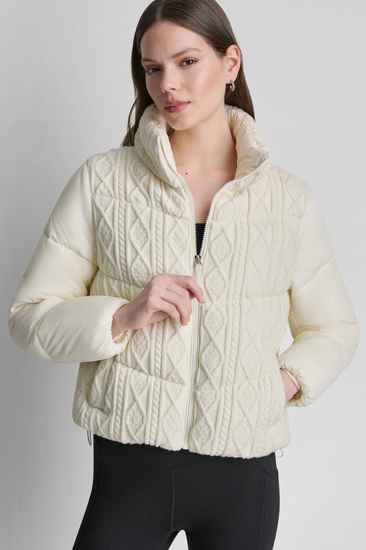 CABLE KNIT MOCK NECK PUFFER JACKET