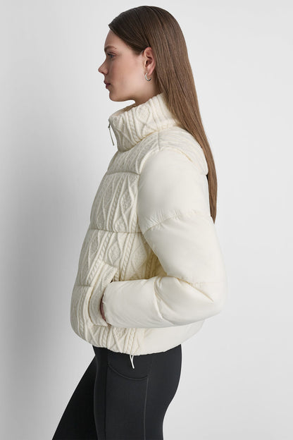 CABLE KNIT MOCK NECK PUFFER JACKET