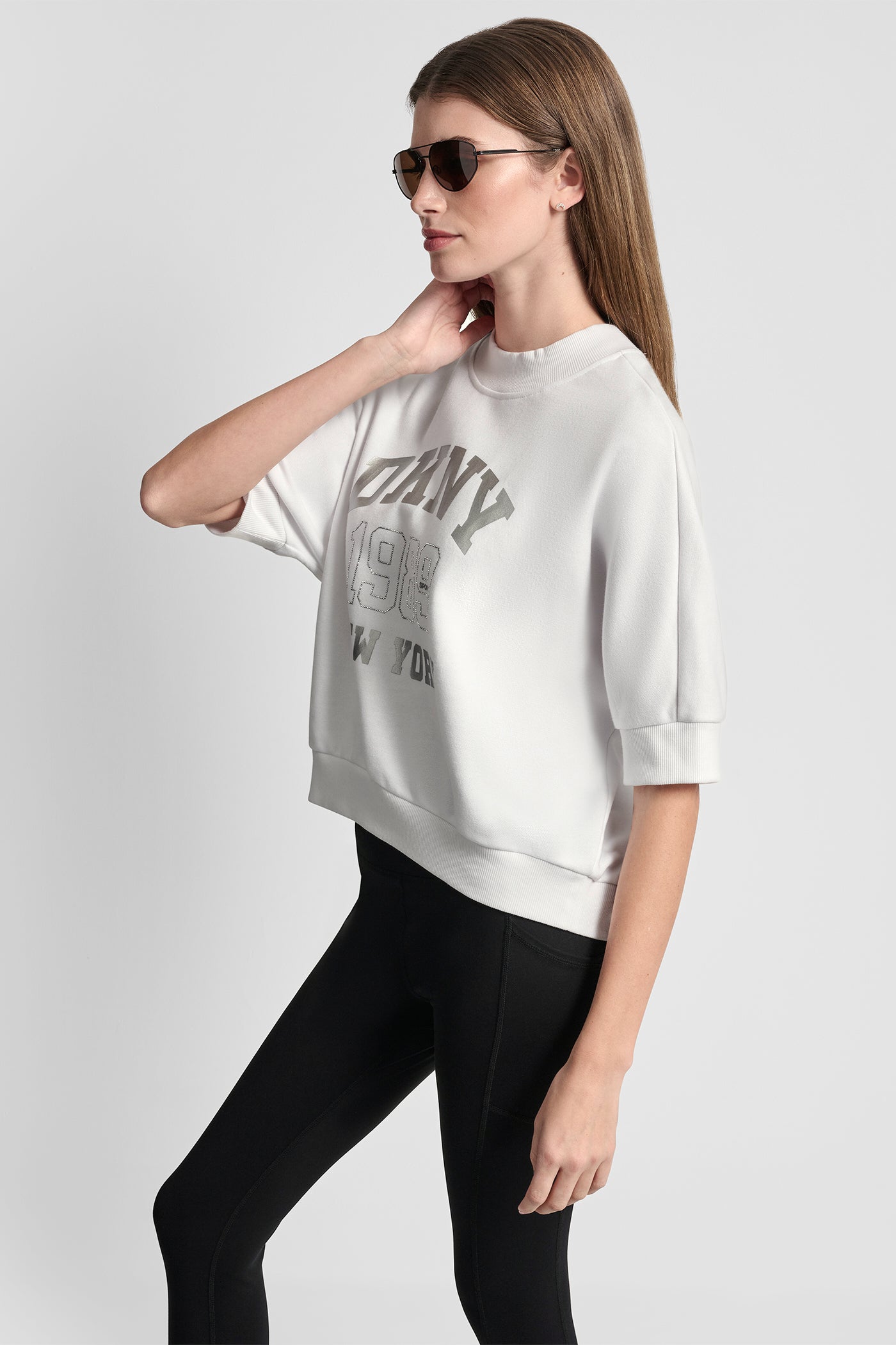 COTTON-BLEND TERRY SHORT SLEEVE LOGO HIGH-LOW TEE
