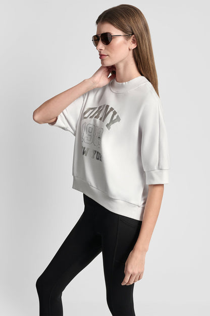 COTTON-BLEND TERRY SHORT SLEEVE LOGO HIGH-LOW TEE