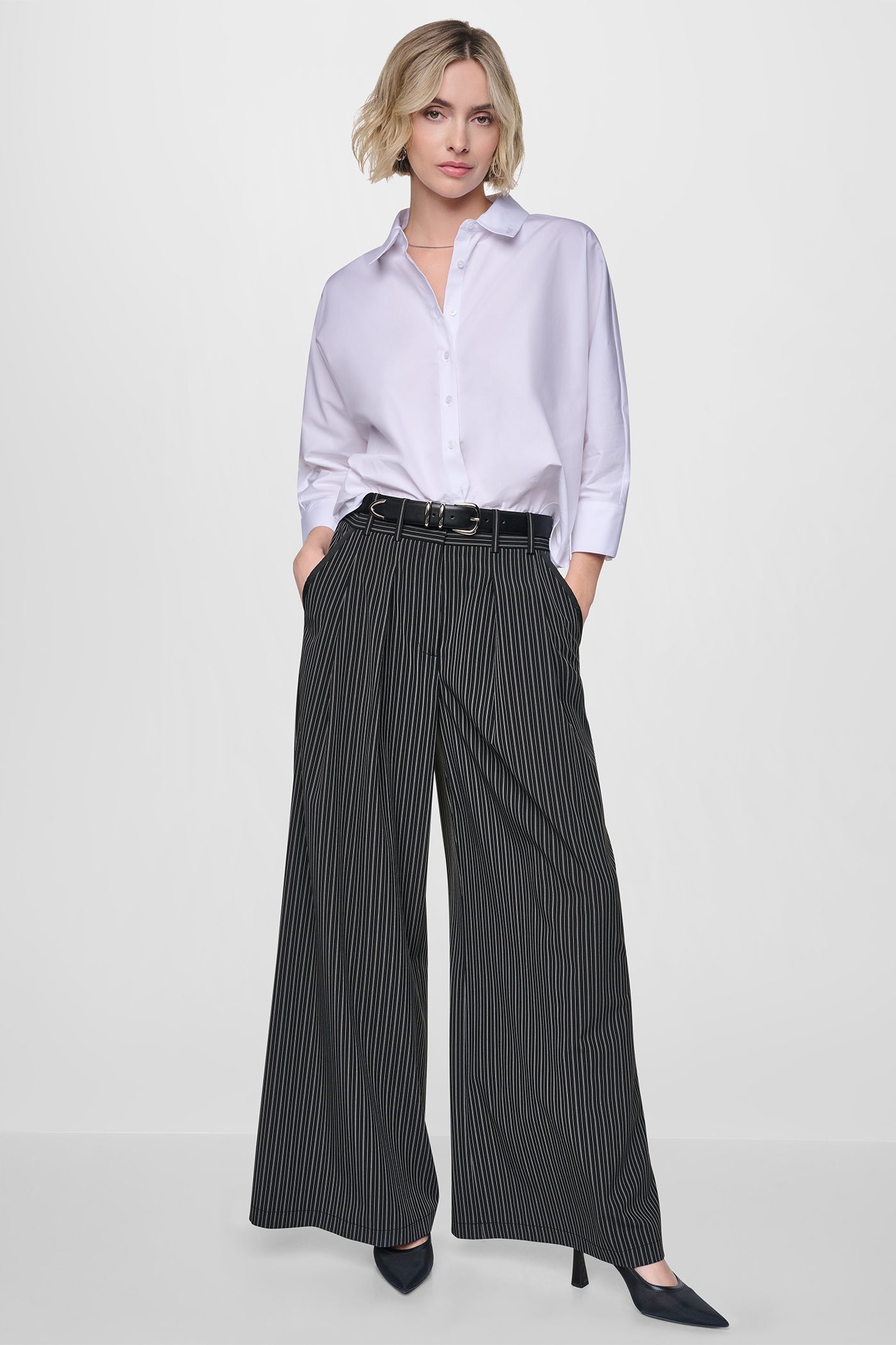 PINSTRIPE PLEATED STRAIGHT LEG COMMUTER PANT