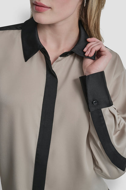 COLOR BLOCK BUTTON-FRONT BLOUSE