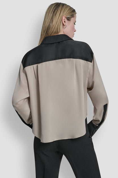 COLOR BLOCK BUTTON-FRONT BLOUSE