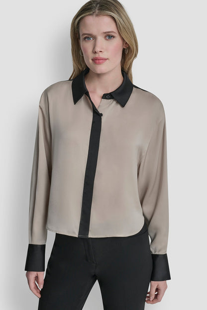 COLOR BLOCK BUTTON-FRONT BLOUSE