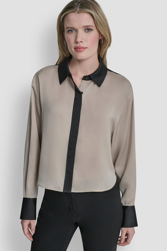 COLOR BLOCK BUTTON-FRONT BLOUSE