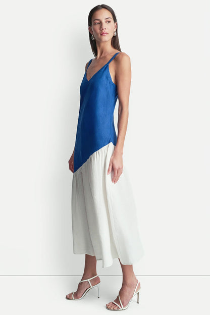 LINEN SLEEVELESS TWO-TONE MIDI DRESS
