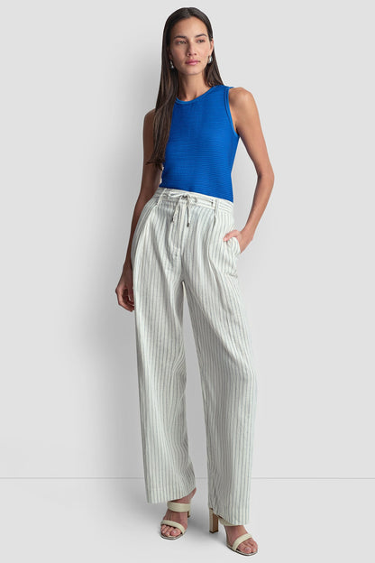 MID-RISE LINEN-BLEND PINSTRIPED PLEATED WIDE-LEG PANT
