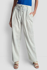 MID-RISE LINEN-BLEND PINSTRIPED PLEATED WIDE-LEG PANT