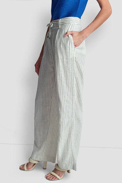 MID-RISE LINEN-BLEND PINSTRIPED PLEATED WIDE-LEG PANT