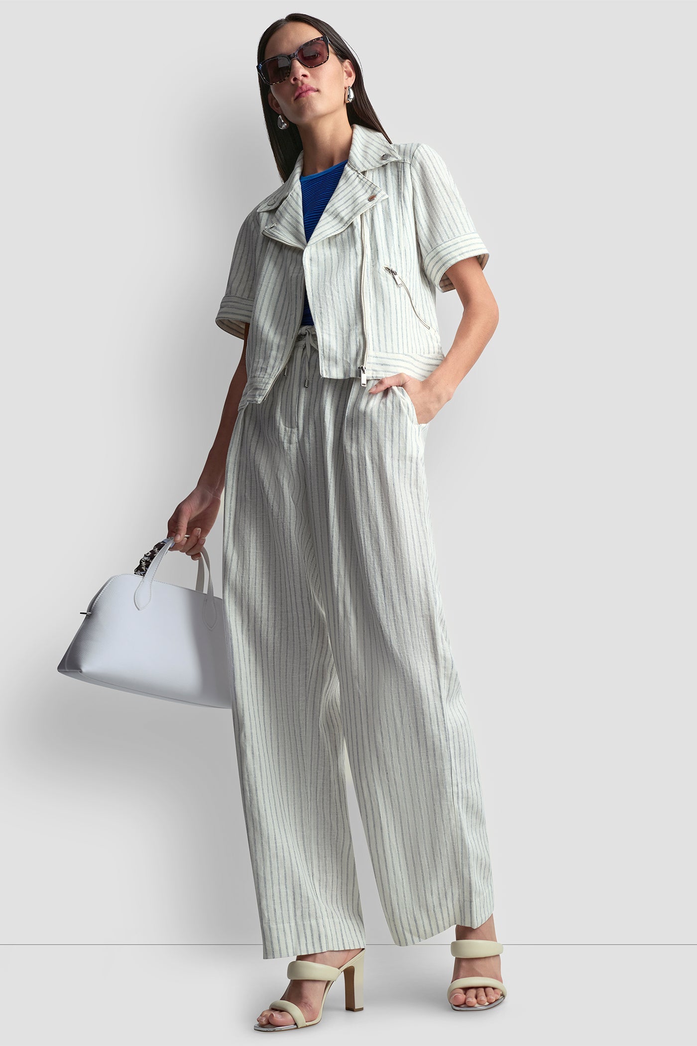 MID-RISE LINEN-BLEND PINSTRIPED PLEATED WIDE-LEG PANT