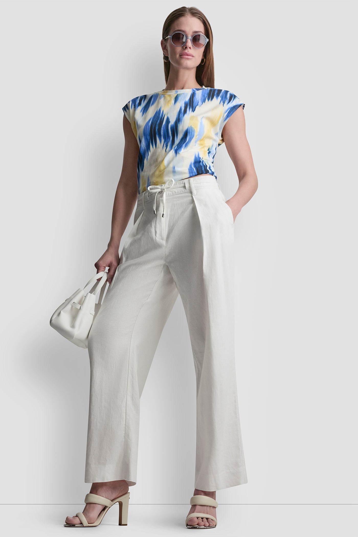 MID-RISE LINEN-BLEND TIE-WAIST PLEATED PANT