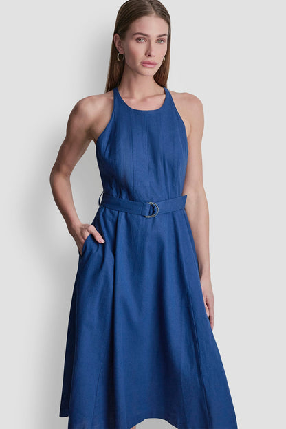 LINEN-BLEND SLEEVELESS MIDI DRESS