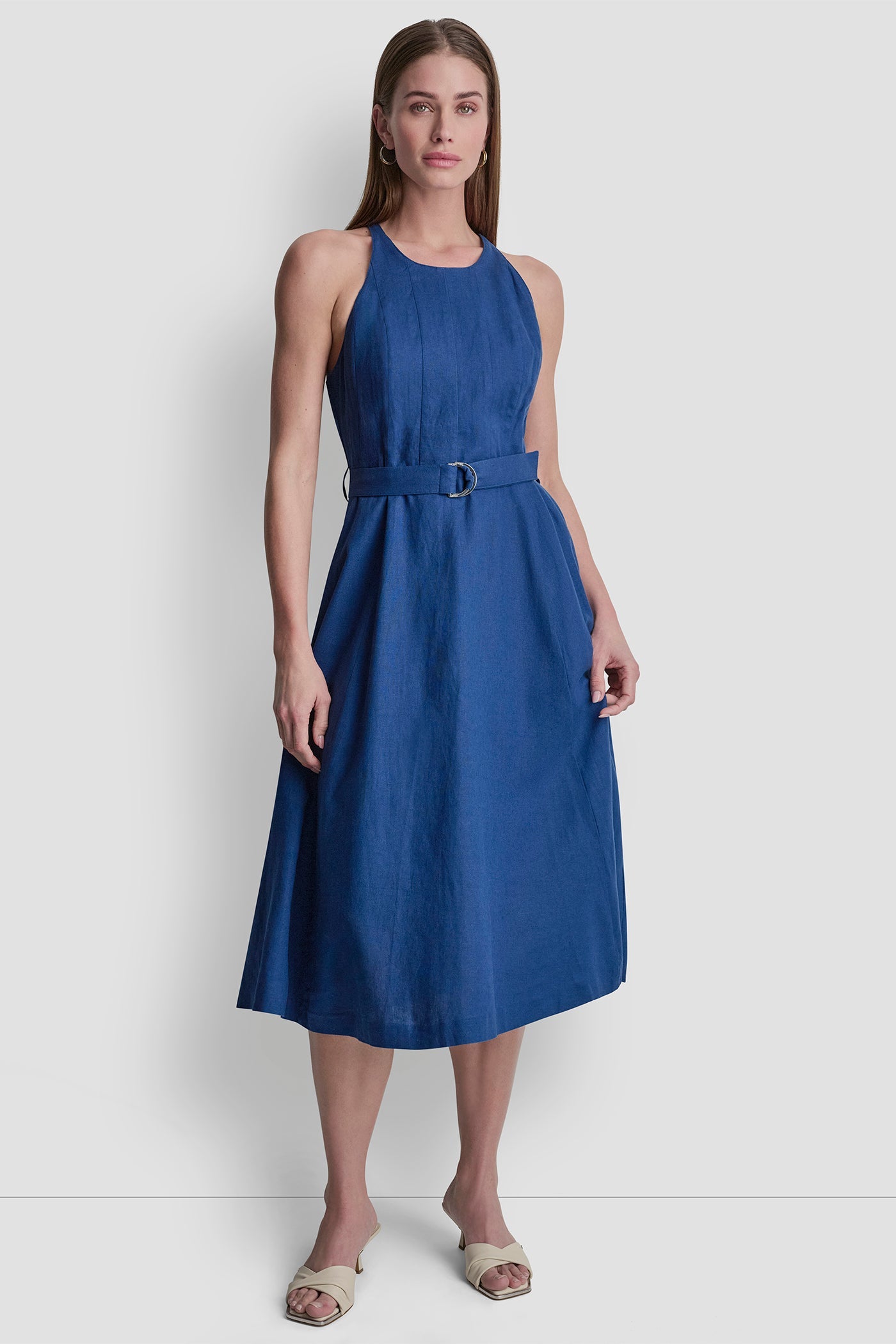LINEN-BLEND SLEEVELESS MIDI DRESS