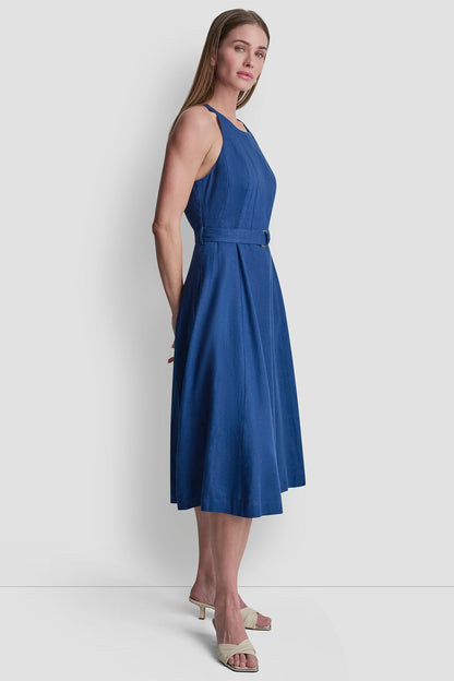 LINEN-BLEND SLEEVELESS MIDI DRESS