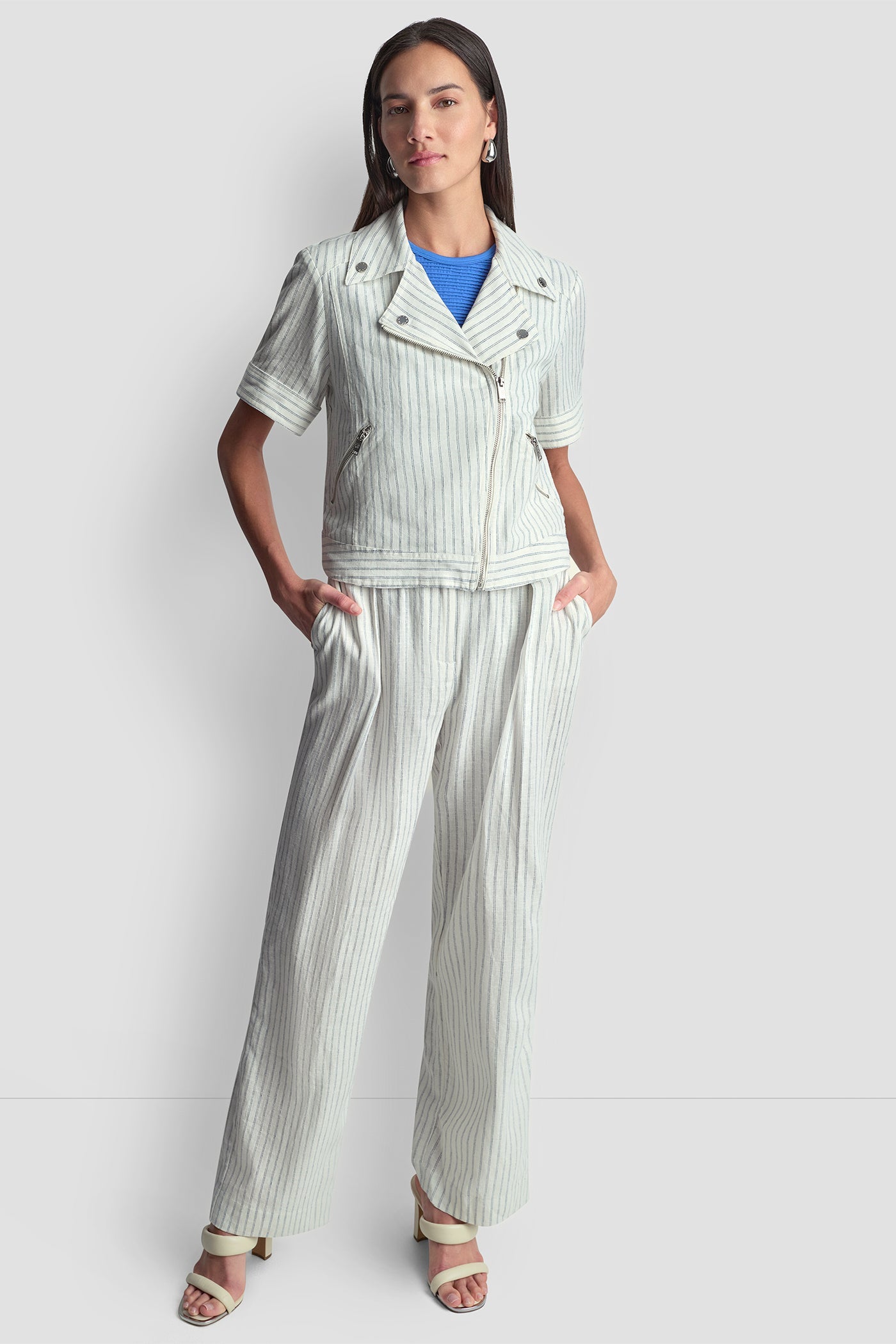 PINSTRIPE SHORT SLEEVE MOTO JACKET