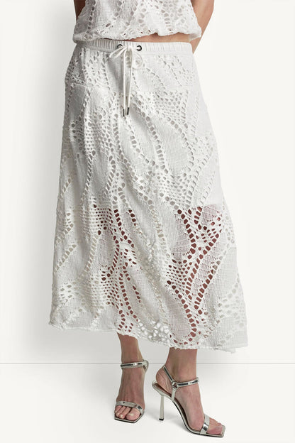 COTTON-BLEND CROCHET LEAF MIDI SKIRT