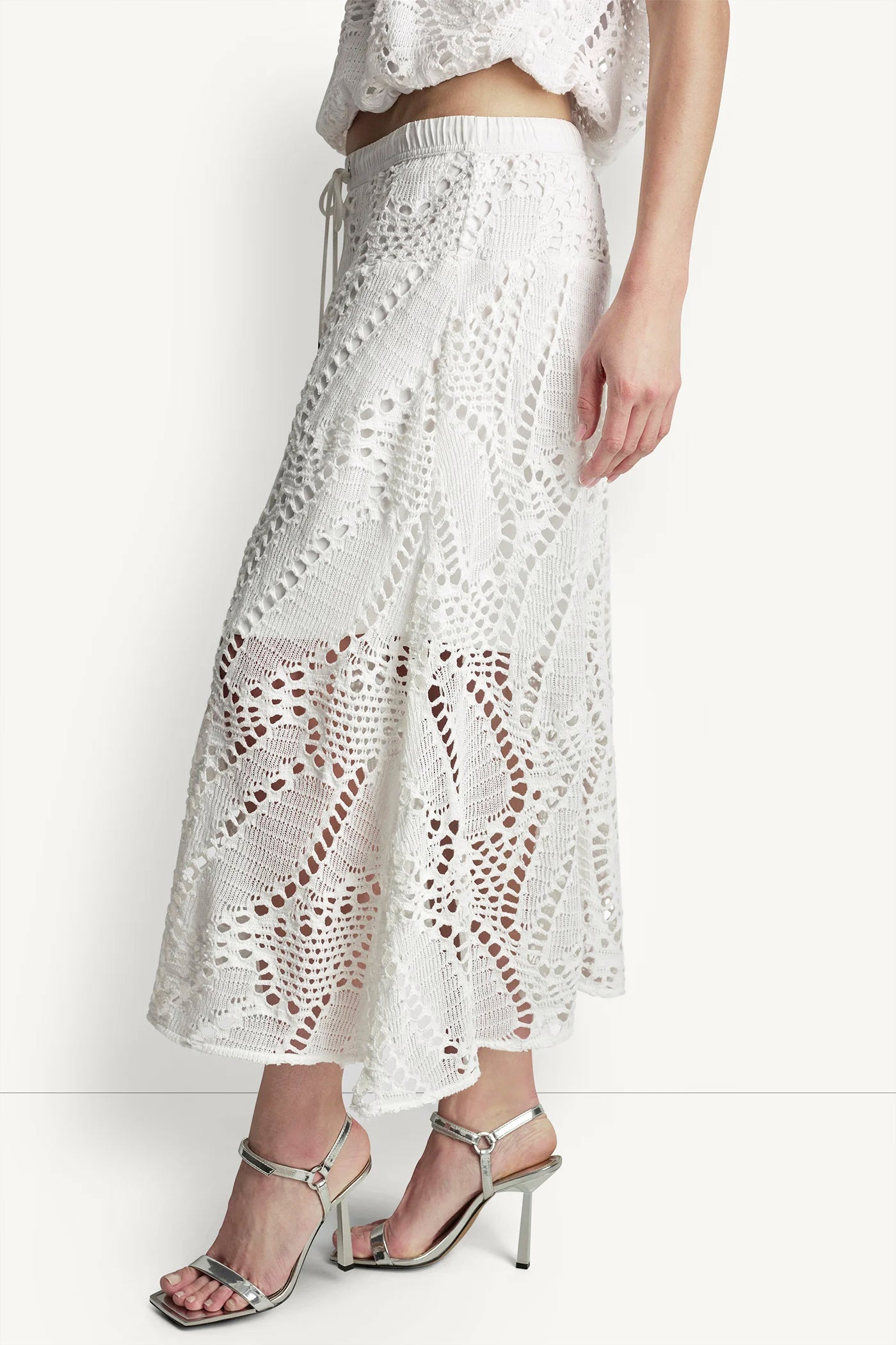 COTTON-BLEND CROCHET LEAF MIDI SKIRT
