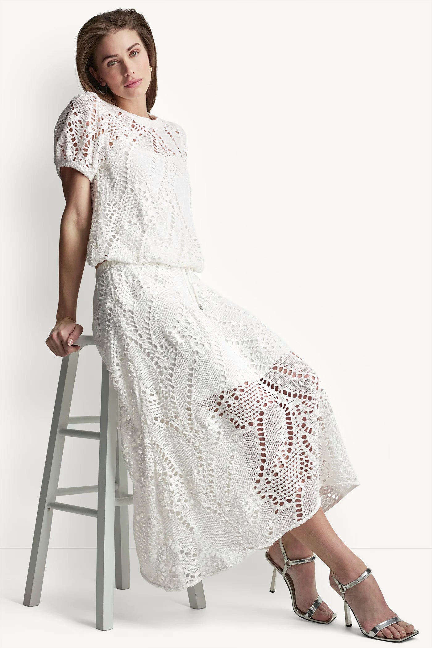 COTTON-BLEND CROCHET LEAF MIDI SKIRT