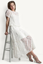 COTTON-BLEND CROCHET LEAF MIDI SKIRT