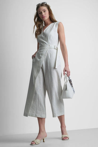 LINEN-BLEND SLEEVELESS WRAP-EFFECT V-NECK STRIPED JUMPSUIT