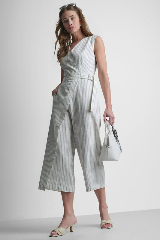 LINEN-BLEND SLEEVELESS WRAP-EFFECT V-NECK STRIPED JUMPSUIT