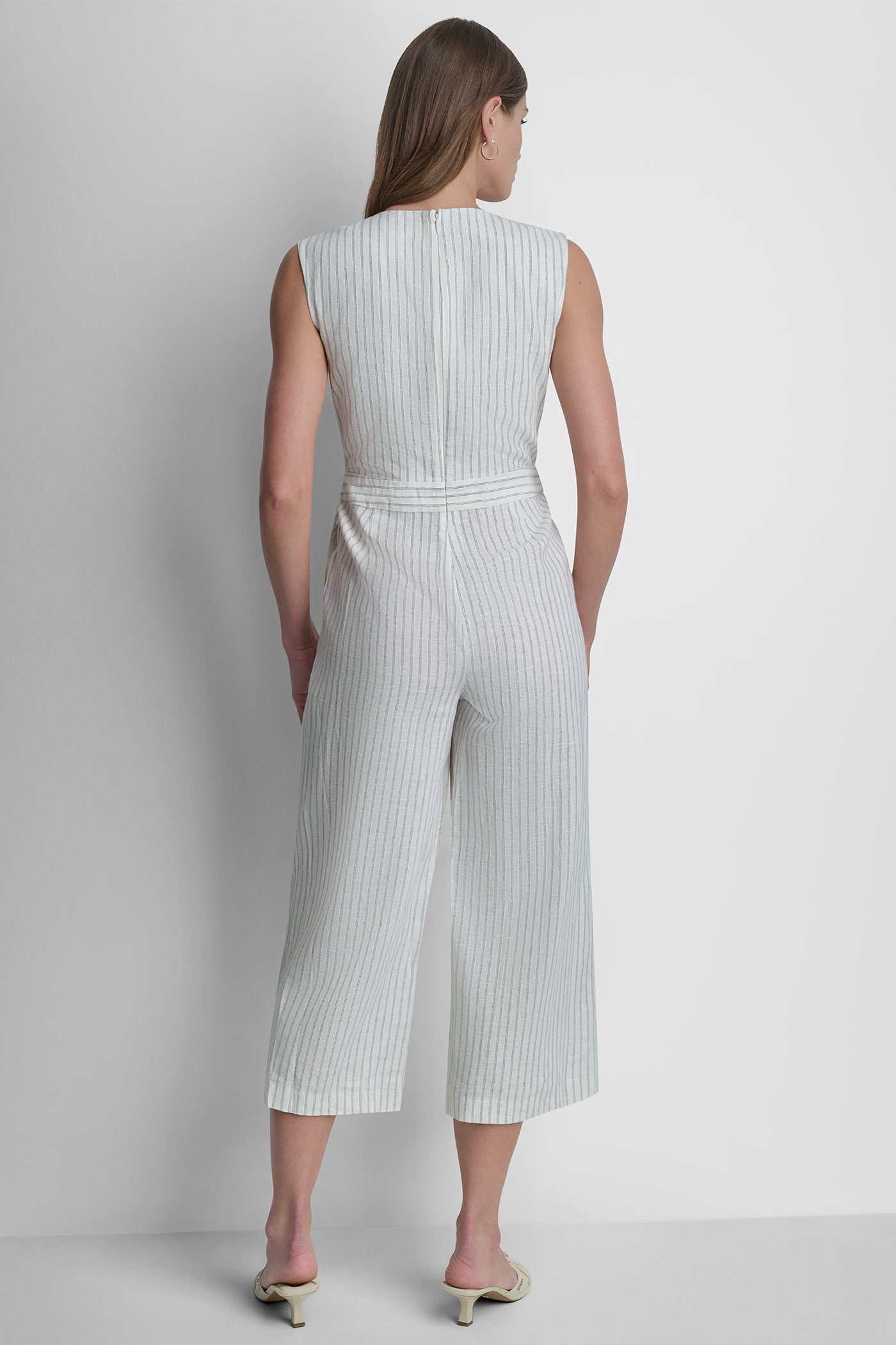 LINEN-BLEND SLEEVELESS WRAP-EFFECT V-NECK STRIPED JUMPSUIT