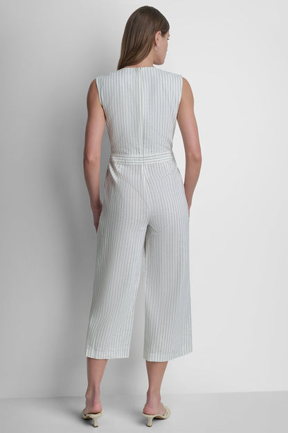 LINEN-BLEND SLEEVELESS WRAP-EFFECT V-NECK STRIPED JUMPSUIT