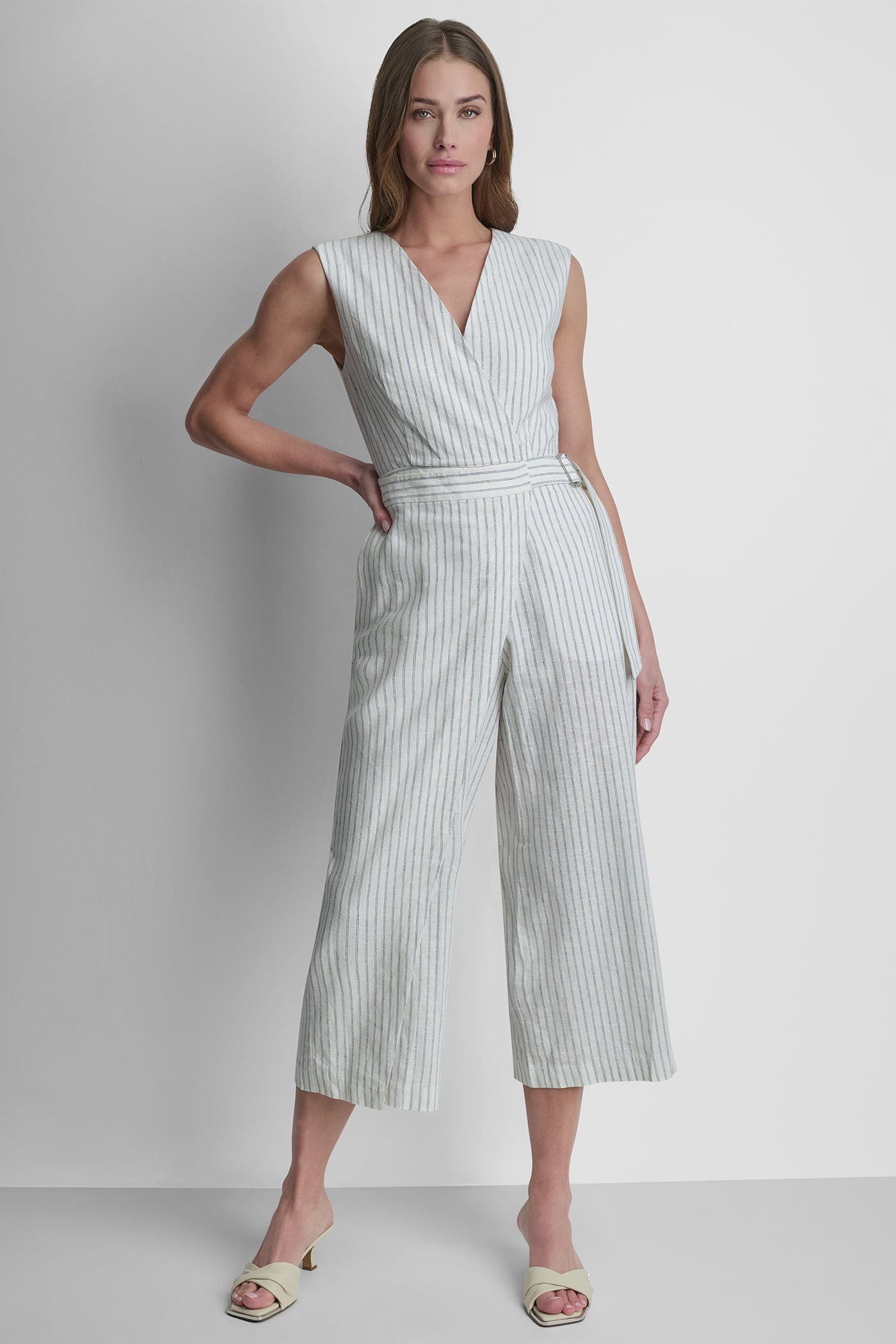 LINEN-BLEND SLEEVELESS WRAP-EFFECT V-NECK STRIPED JUMPSUIT