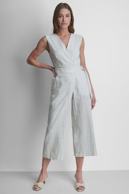 LINEN-BLEND SLEEVELESS WRAP-EFFECT V-NECK STRIPED JUMPSUIT