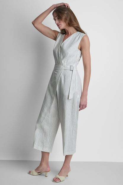 LINEN-BLEND SLEEVELESS WRAP-EFFECT V-NECK STRIPED JUMPSUIT