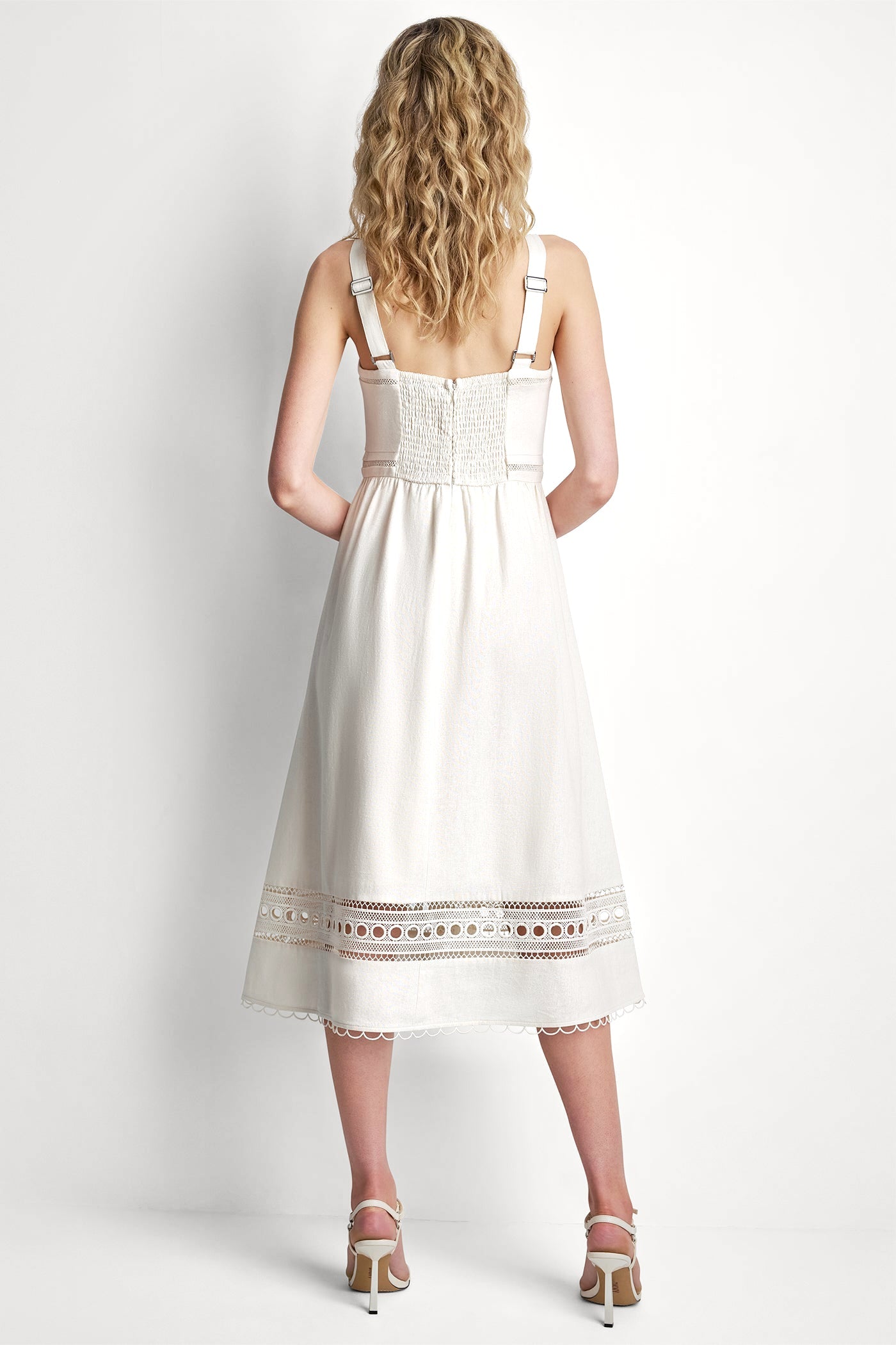 LINEN-BLEND LACE-TRIMMED MIDI DRESS