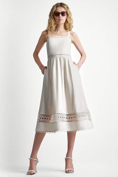 LINEN-BLEND LACE-TRIMMED MIDI DRESS