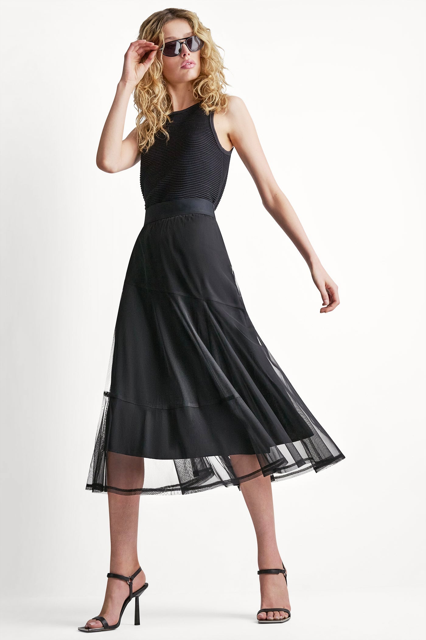 LAYERED MESH MIDI SKIRT