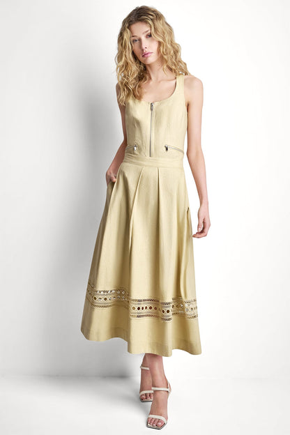 LINEN-BLEND LOOP LACE-TRIMMED PLEATED MIDI SKIRT