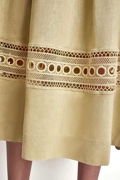 LINEN-BLEND LOOP LACE-TRIMMED PLEATED MIDI SKIRT