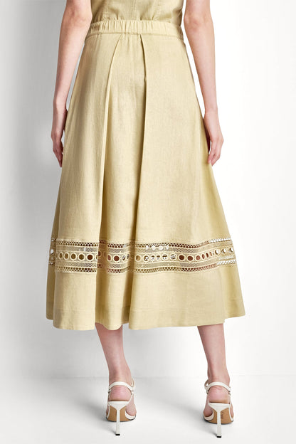 LINEN-BLEND LOOP LACE-TRIMMED PLEATED MIDI SKIRT