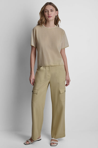 COTTON-BLEND SHORT SLEEVE MIXED STRIPE SWEATER