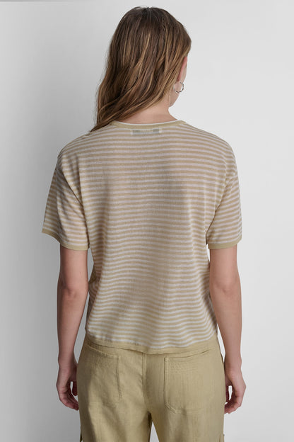 COTTON-BLEND SHORT SLEEVE MIXED STRIPE SWEATER