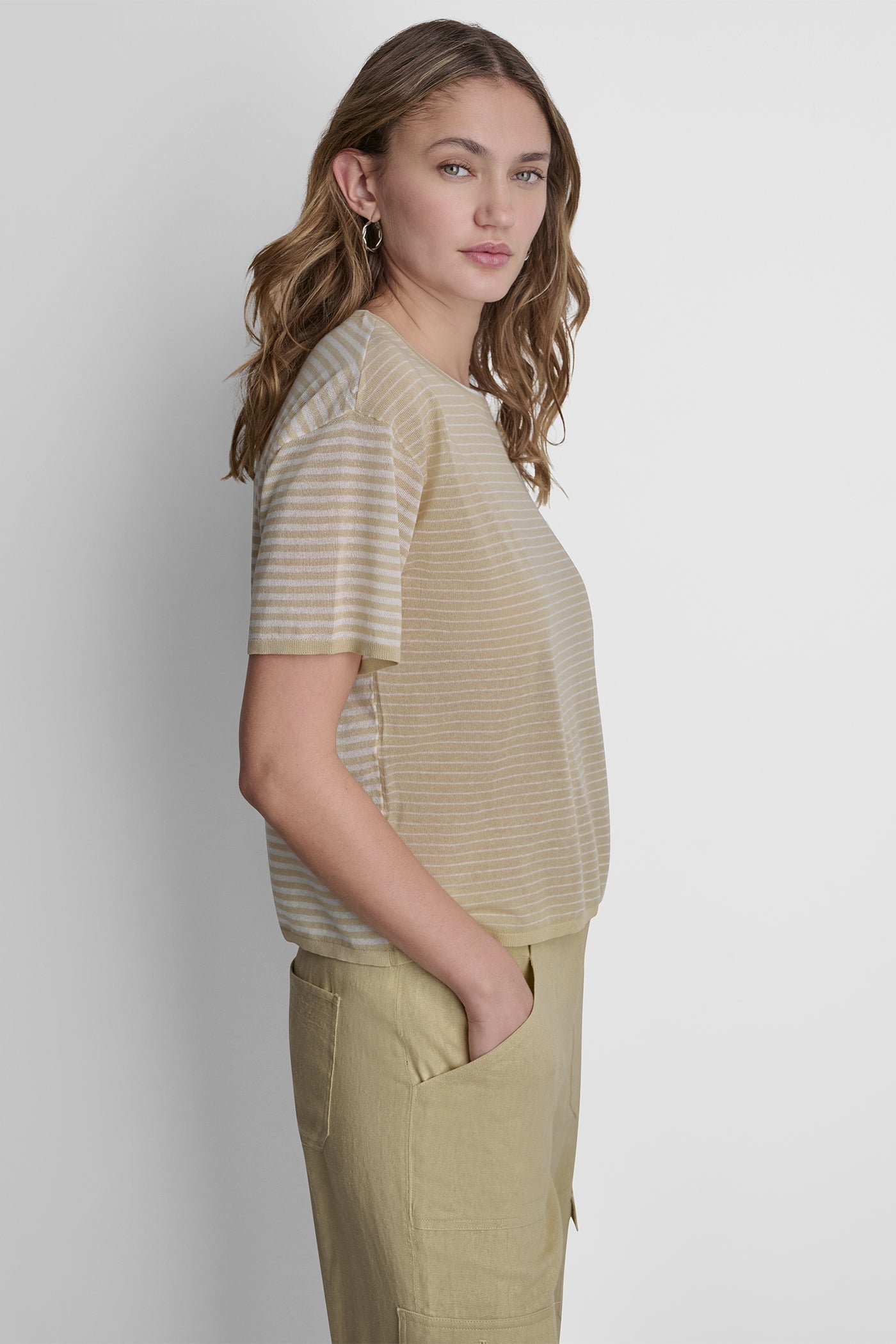 COTTON-BLEND SHORT SLEEVE MIXED STRIPE SWEATER