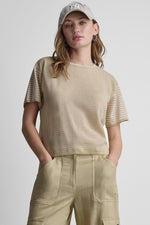 COTTON-BLEND SHORT SLEEVE MIXED STRIPE SWEATER