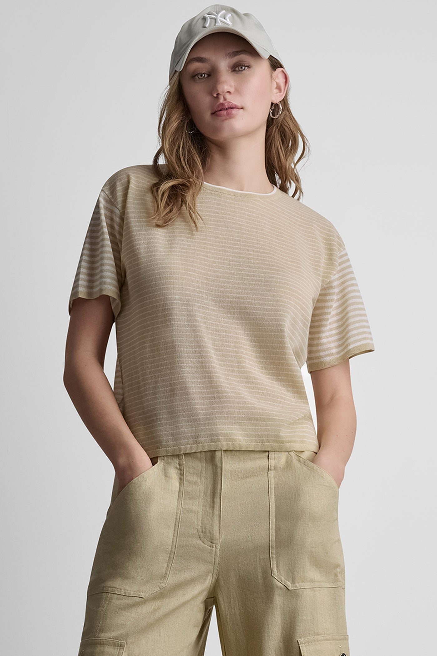 COTTON-BLEND SHORT SLEEVE MIXED STRIPE SWEATER