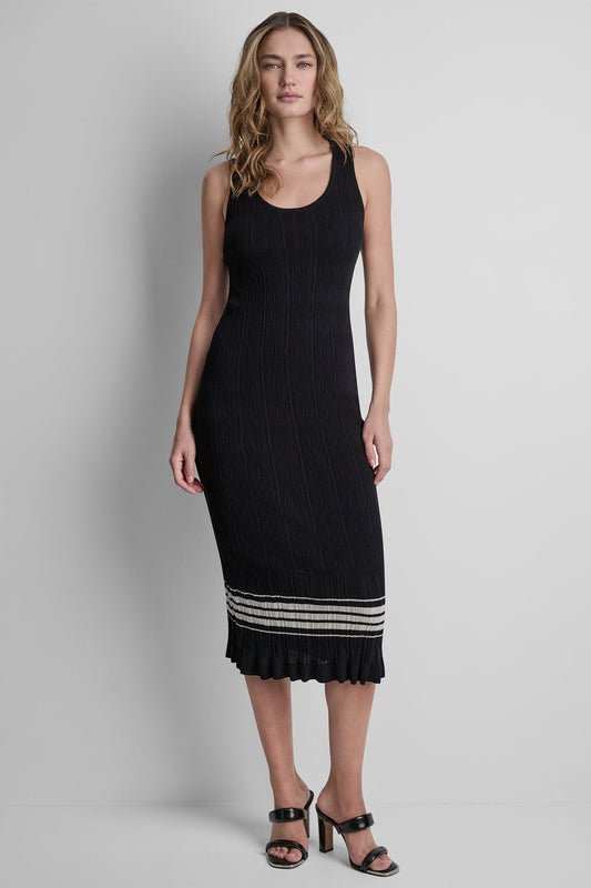 RIBBED COTTON-BLEND STRIPE MIDI SWEATER DRESS