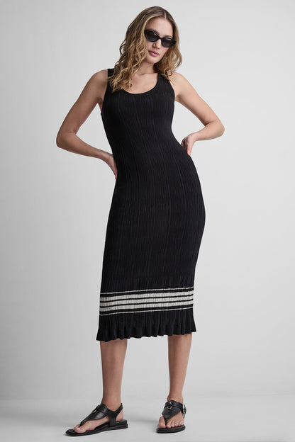 RIBBED COTTON-BLEND STRIPE MIDI SWEATER DRESS