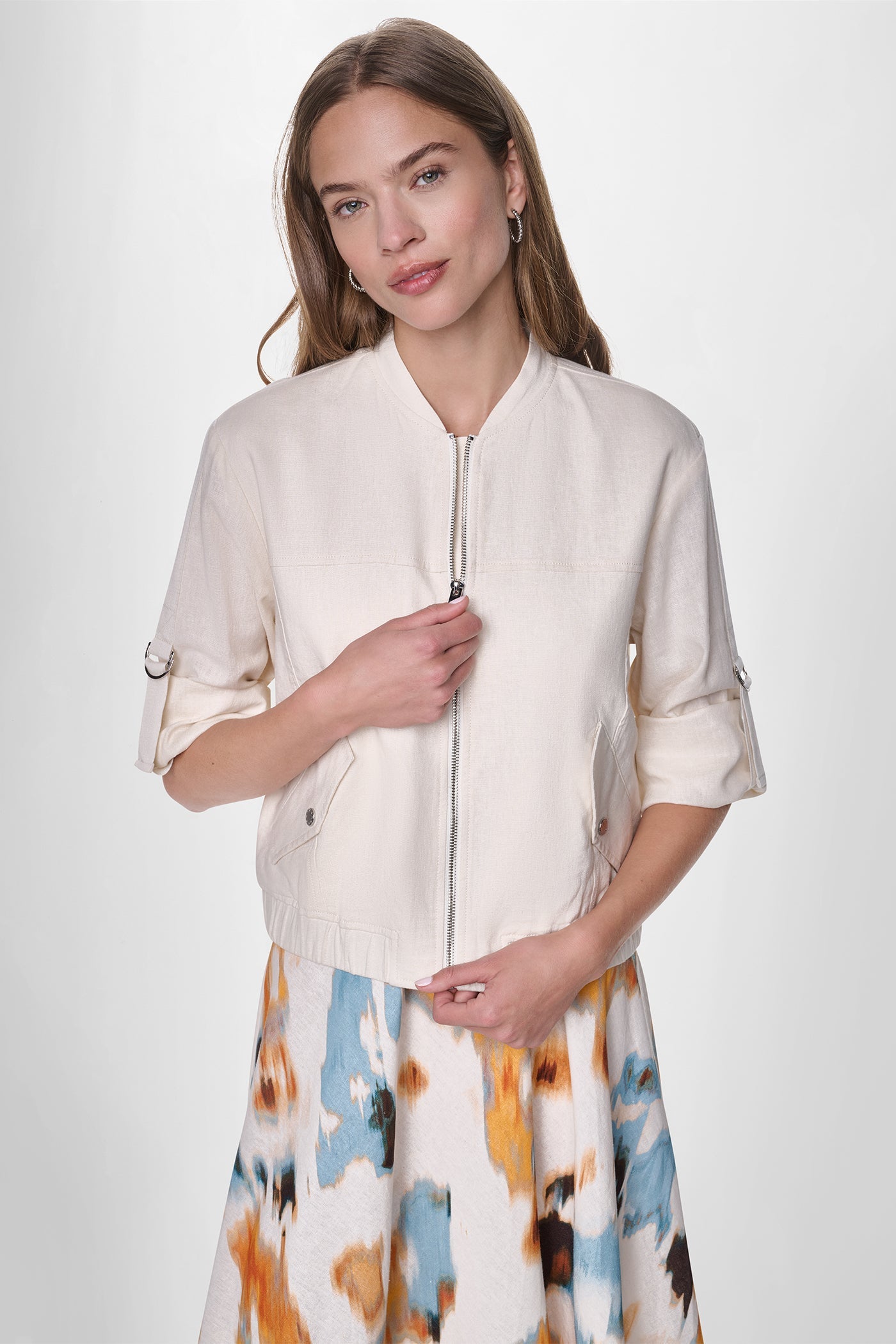 LINEN-BLEND ROLL-TAB SLEEVE BOMBER JACKET