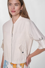 LINEN-BLEND ROLL-TAB SLEEVE BOMBER JACKET