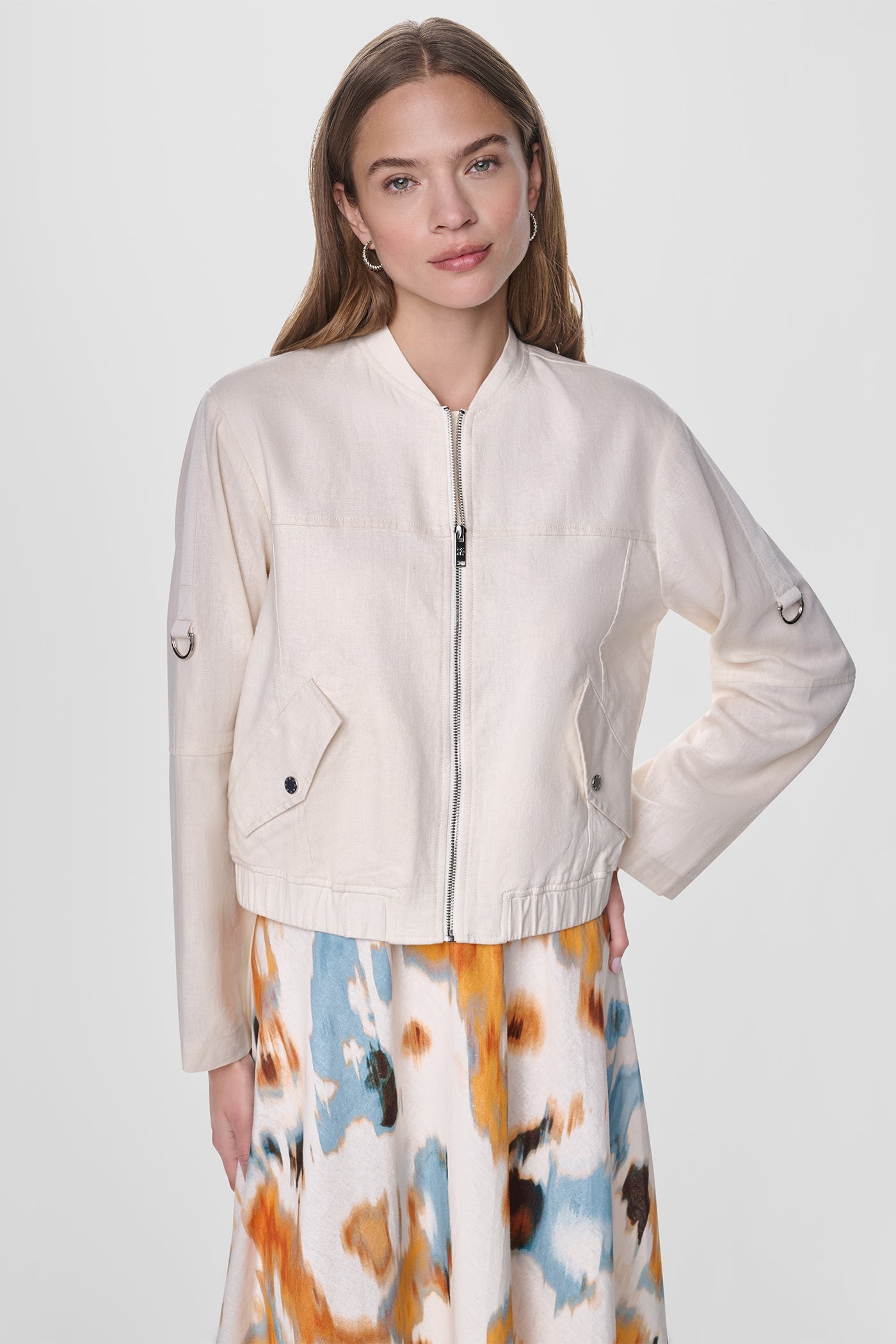 LINEN-BLEND ROLL-TAB SLEEVE BOMBER JACKET